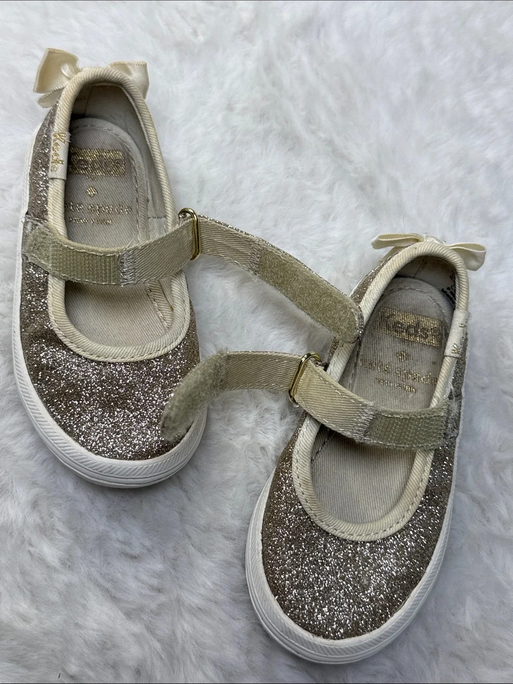 Keds x Kate Spade Sloane Toddler Mary Jane Shoes 5.5M Champagne Gold Glitter Bow